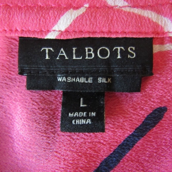 Talbots Pink Red Floral Silk Blouse Large Long Sleeves Roll Tab Careerwear - Picture 10 of 11